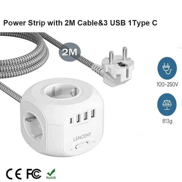 Plug Power Strip with 4 AC Outlets 3 USB Port 1 Type C Multi Socket with Switch for Home - buyfoor